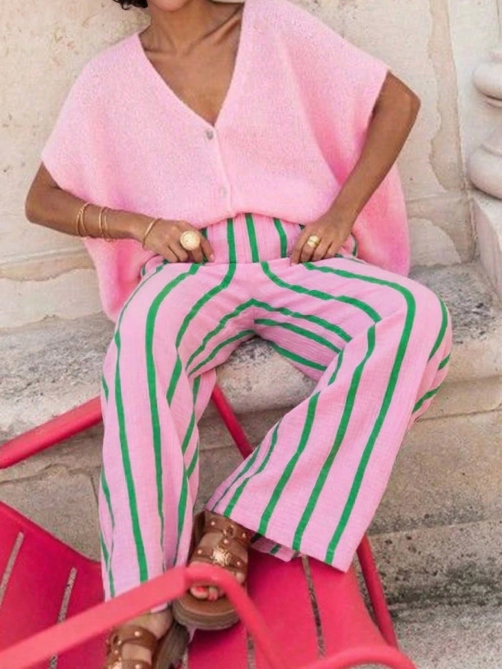 Pink Wide Trousers with Green Stripes Elastic Waist Flowy and Light